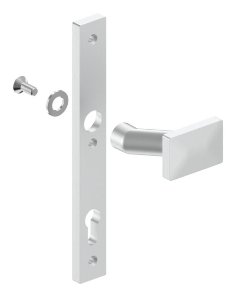 Langschild mit festem Türdrücker, LI und RE umstellbar, aus ALU EV1, 30x245x10mm, passend für Einsteckschlösser, Abstand 92mm mit 3 Bohrungen