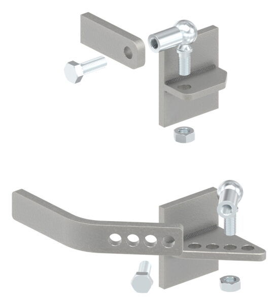 Hebetorbeschlag zum Anschweißen an Metallpfosten, Plattengröße 80x100mm, bis zu 7° Steigung einstellbar, Tragkraft max. 200kg bis max. 2500mm Flügel B:
= Set für einen Torflügel