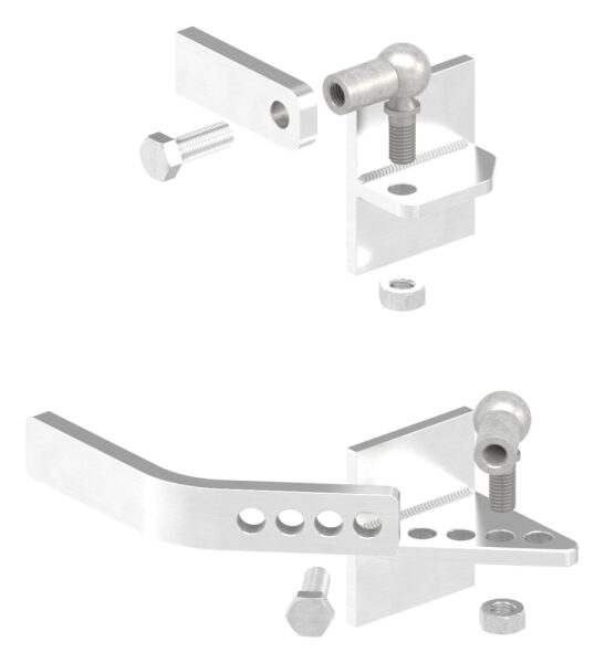 Hebetorbeschlag aus Edelstahl V2A zum Anschweißen an Metallpfosten, Plattengröße 80 x 100mm, bis zu 7° Steigung einstellbar, Tragkraft max. 200kg bis max. 2,5m Flügelbreite
= Set für einen Torflügel