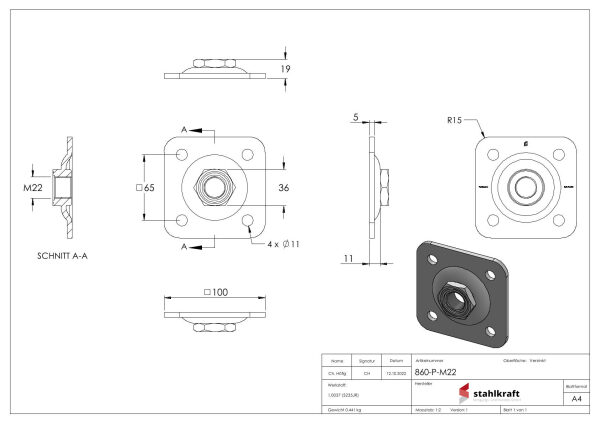 Verstellbare Mauerplatte für M22, 100x100x19mm, verzinkt