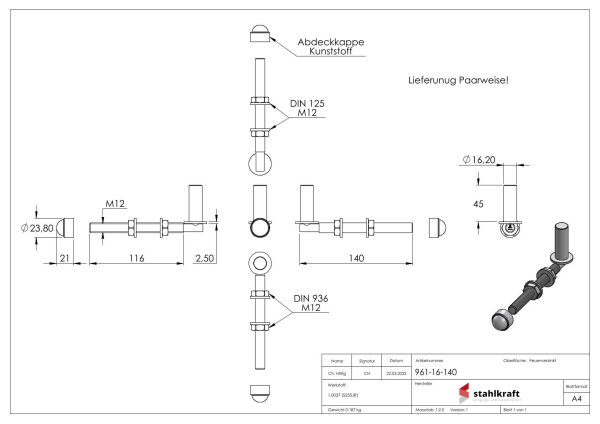 Kloben zum Durchschrauben für Ø 16mm, L: 140mm, inkl. 2x Mutter, 2x Unterlegscheibe und schwarzer Abdeckkappe, feuerverzinkt, VPE = 1 Paar
