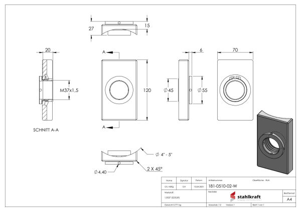 Eisen-Montageplatte eckig zum Schweißen an Rundrohr, Nennweite 4"-5". 
Größe 70x120mm mit
Anzuwenden für folgende Bänder: 
SM-W / 57-W / 57SF-W / 108-W / 108SF-W
Info: Montageplatte nachträglich gegen Korrosion schützen!