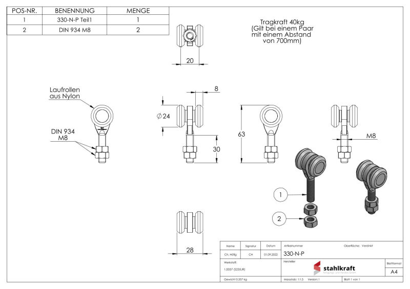 Laufrolle mit Nylonrollen für einen ruhigeren Lauf, mit Kugellager, passend zu Schiene 339/P (klein), verzinkt