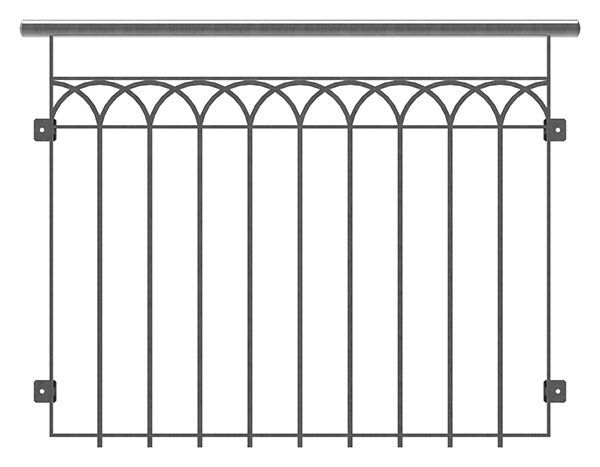 Brüstungsgitter, Verzierung gelasert aus 12x8mm Flacheisen, Rahmen aus Flacheisen 25x8mm, Handlauf: Rohr Ø 42,4mm, im rohen Zustand ST37