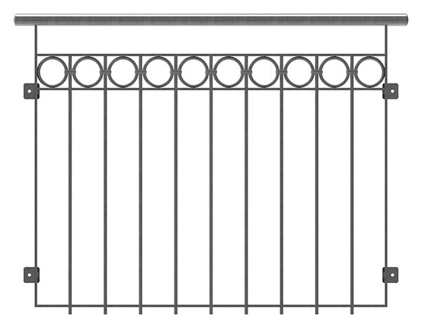 Brüstungsgitter, Verzierung Ringe aus 12mm rund, Rahmen aus Flacheisen 25x8mm, Handlauf: Rohr Ø 42,4mm, im rohen Zustand ST37