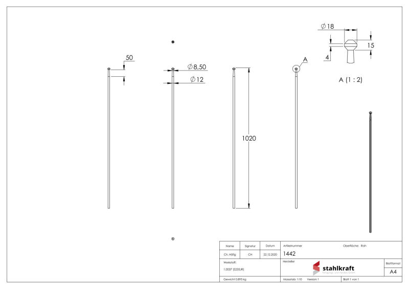 Zaunstab Ø 12mm, H: 1020mm, konisch, Knopf eckig