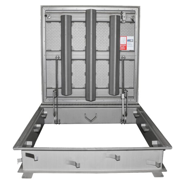 Schachtabdeckung Edelstahl V2A | nach DIN EN 124 Klasse B125 | PKW-befahrbar | Riffelblech | Schachtdeckel mit Gasdruckfeder