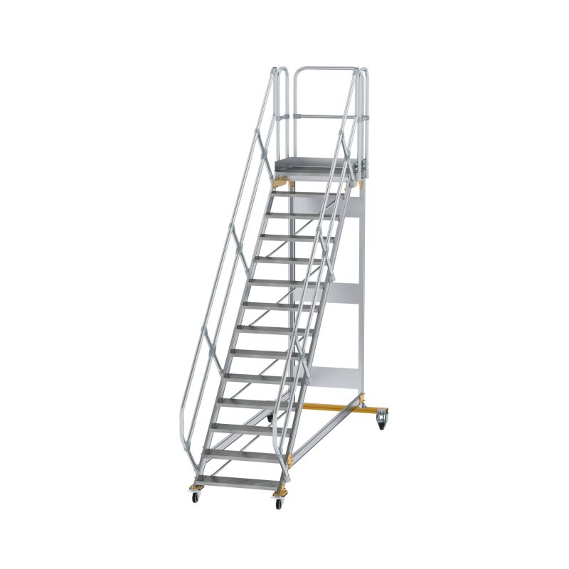 Plattformtreppe 45° fahrbar Stufenbreite 800 mm 14 Stufen Aluminium geriffelt