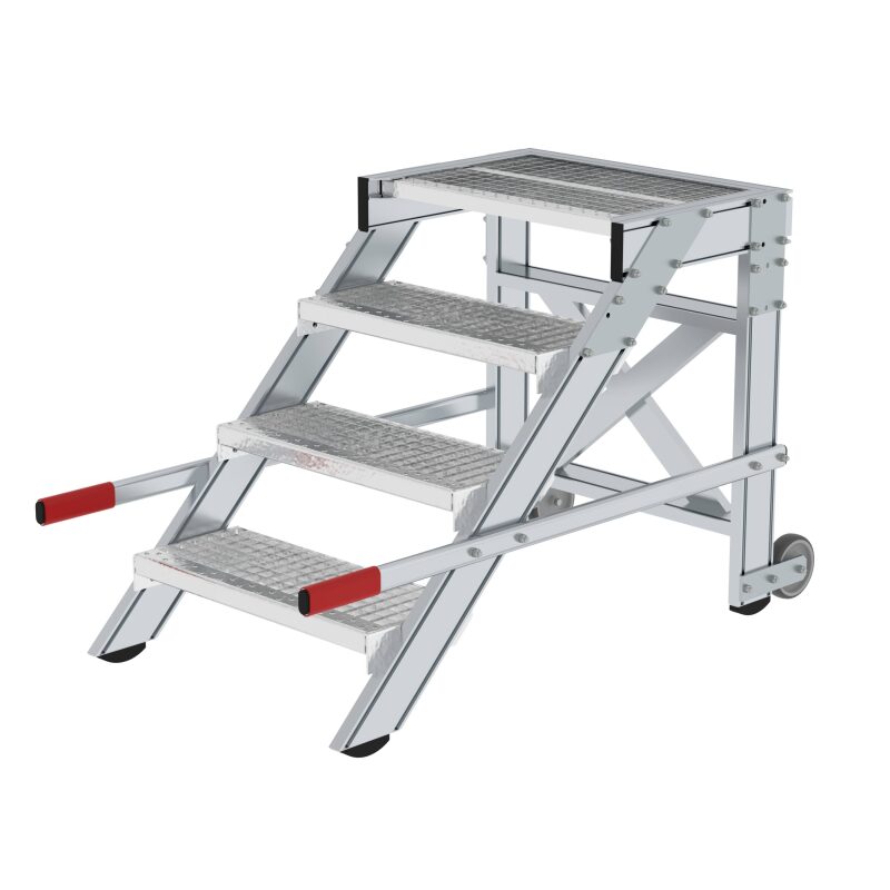 Arbeitspodest fahrbar, Stufenbreite 600 mm, Stahl-Gitterrost 4 Stufen