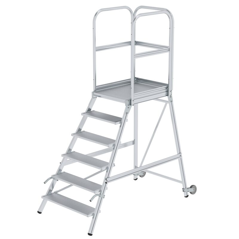 Podesttreppe einseitig begehbar mit Rollen und Griffen Aluminium geriffelt 6 Stufen