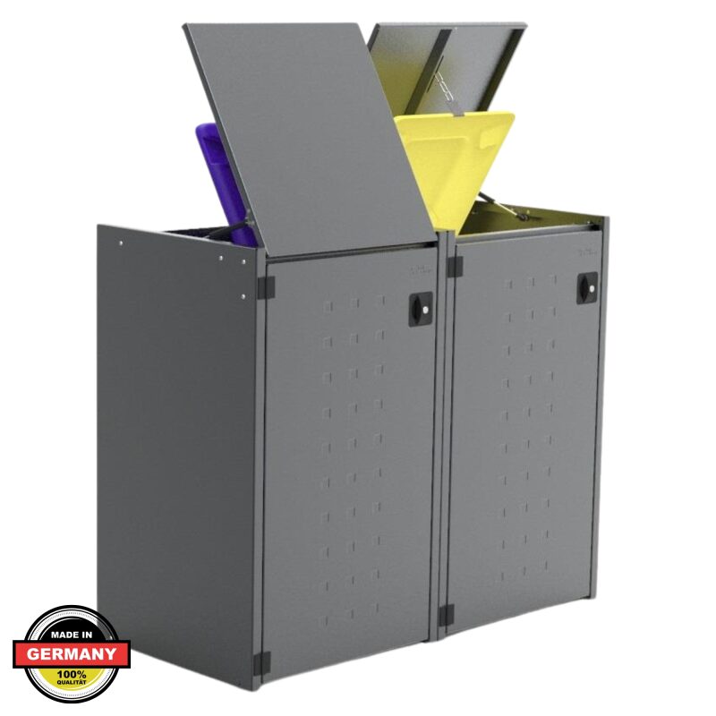 Mülltonnenbox 2x 120 Liter, Stahl verzinkt Anthrazit RAL 7016, UV-Beständig Mülltonnenverkleidung 124x60x105 cm