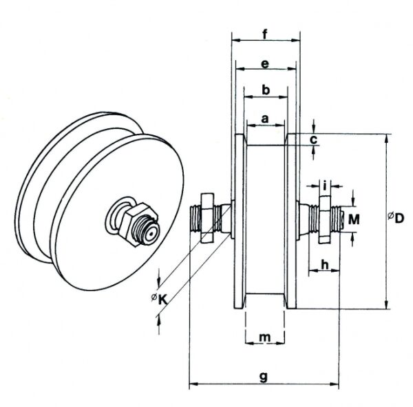 Laufrolle mit Achse und kantiger Nut, Ø 200 mm, 1000 kg Last