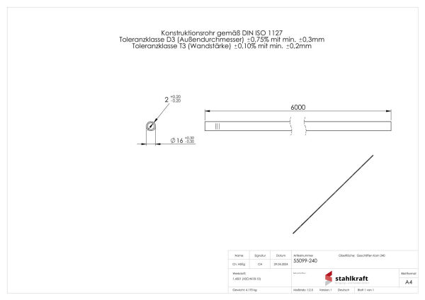 Edelstahlrohr, 16,0x2,0mm, V2A, Korn 240 geschliffen, L:...