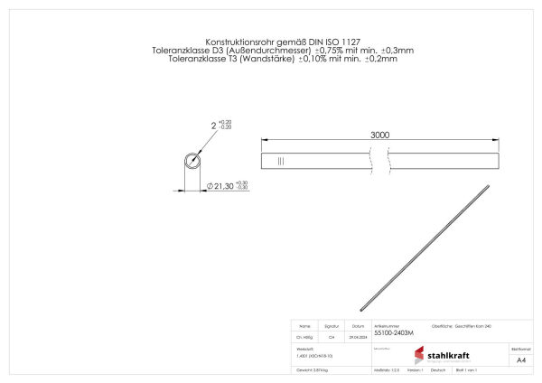Edelstahlrohr, 21,3x2,0mm, V2A, Korn 240 geschliffen, L:...