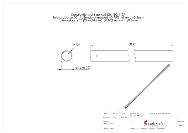 Edelstahlrohr, 42,4x2,0mm, V2A, Korn 240 geschliffen, L:...