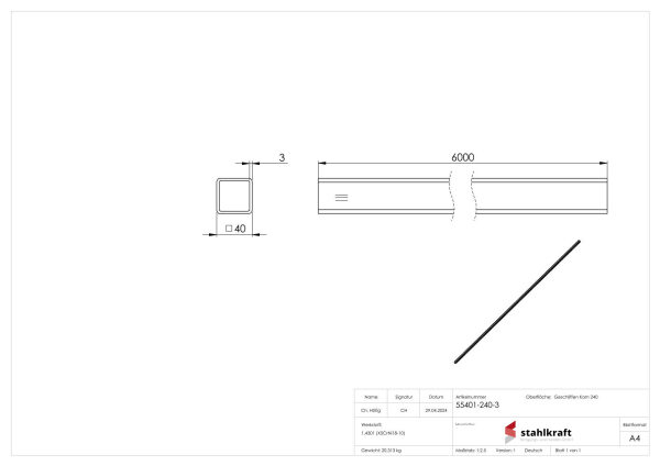 Quadratrohr, 40x40x3,0mm, V2A, Korn 240 geschliffen, L:...