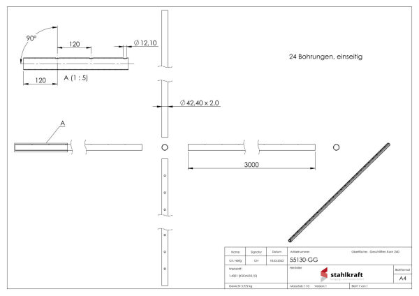 Edelstahlrohr, gerade gelocht, 42,4x2,0mm, Korn 240 geschliffen, V2A, L: 3000mm
