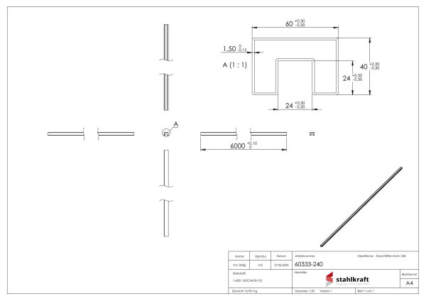 Rechtecknutrohr, 60x40x1,5 mm, Korn 240 geschliffen, Nut:...