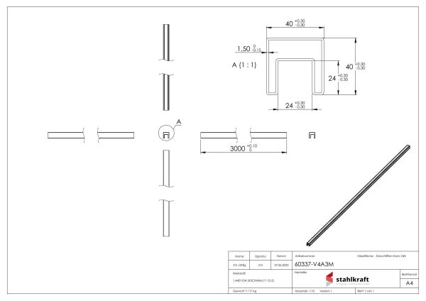 Quadratnutrohr, 40x40x1,5 mm, Korn 240 geschliffen, Nut:...