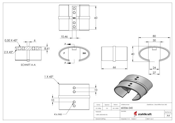 Verbinder 180° für Ovalnutrohr 80x40mm mit Nut 24x24mm, V2A