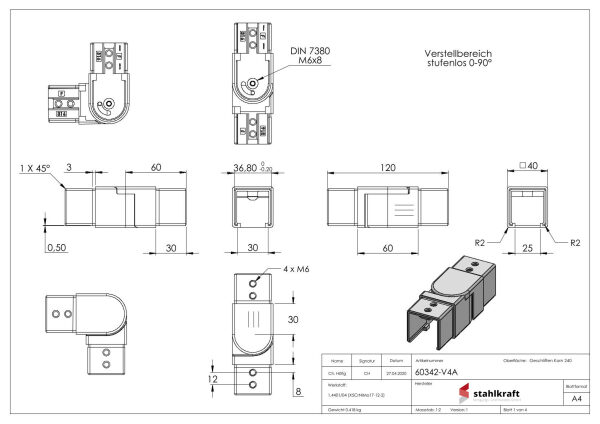 Verbinder flexibel für Quadratnutrohr 40x40mm, V4A