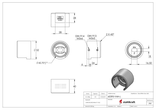 Wandbefestigung für Nutrohr 42,4mm, linke Ausführung, V4A
